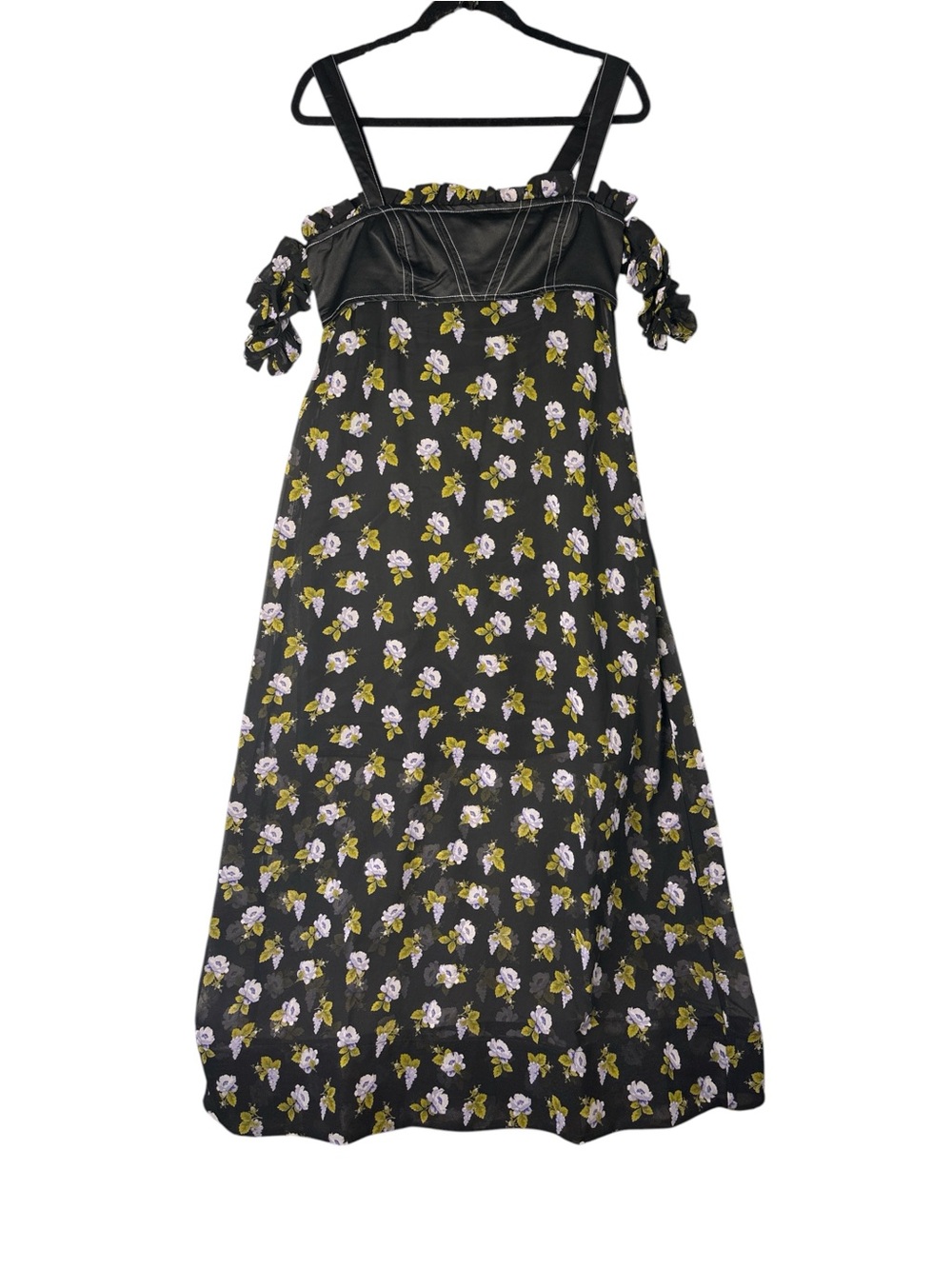 Anthropologie Black Maxi Dress with Lilac Flowers and Olive Leaves
